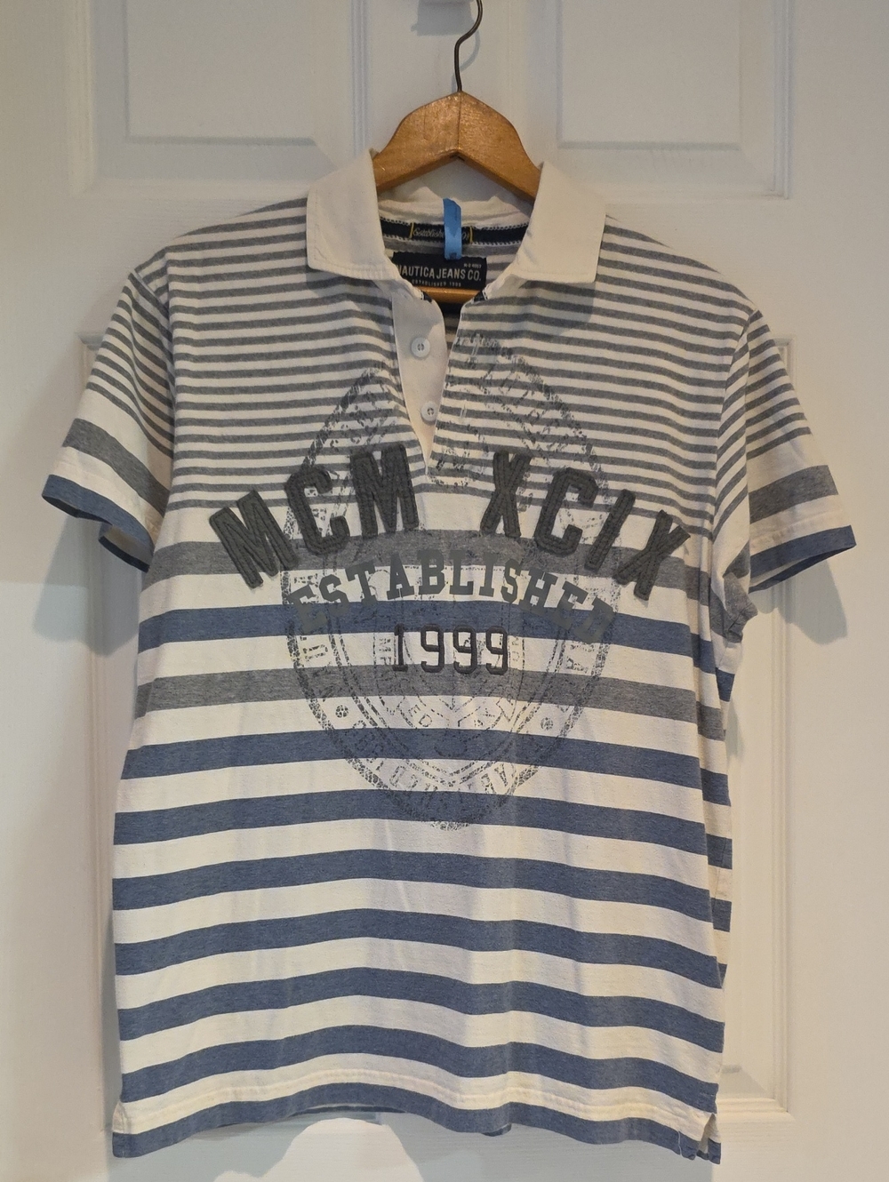 VTG Nautica Blue and White Striped Polo with Chest Graphic Size M